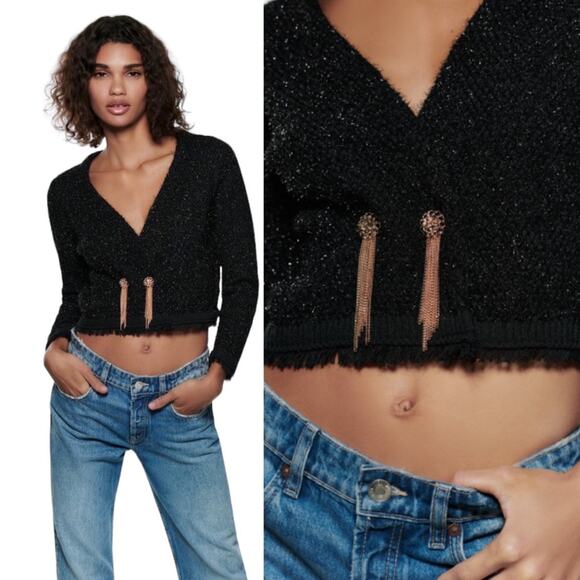 New Zara Black Metallic Tweed Wrap Cropped Cardigan W/gold Chain Button Large - Picture 1 of 15